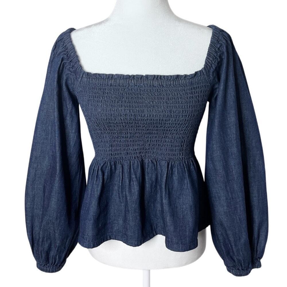 J. Crew Womens Puff-Sleeve Chambray Smocked Top S Blue Peplum Peasant Boho BE570 - Picture 2 of 8